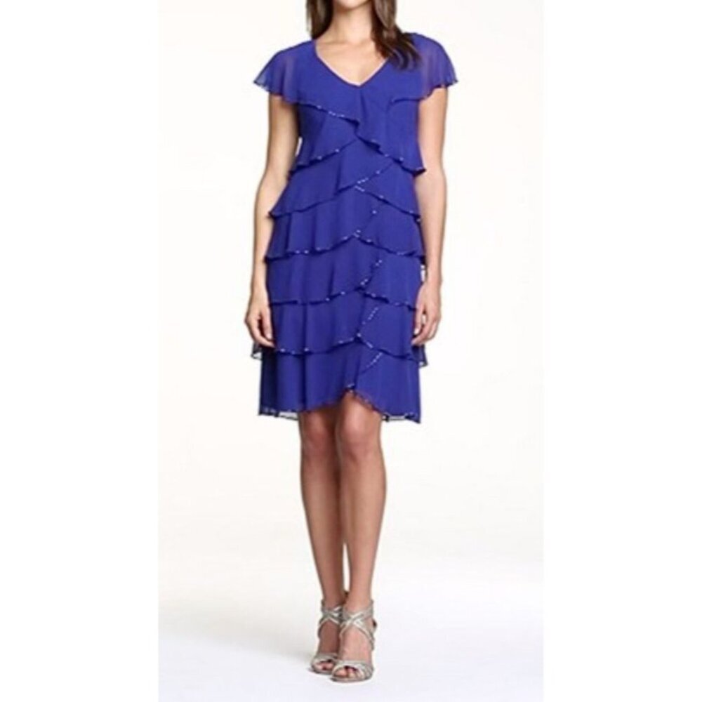 Patra Tiered Dress 16 Blue Beaded Wedding Party Cruise Flowy Short Sleeve